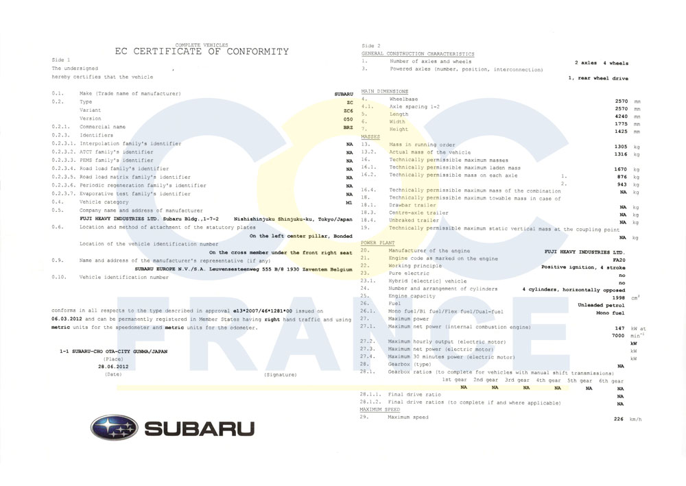 example de COC Subaru